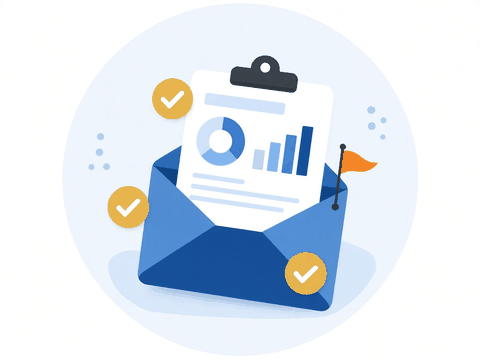 Illustration: a report with checkmarks and a flag arriving in an envelope