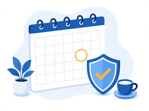 Illustration: a calendar with one day circled, beside a shield with a checkmark
